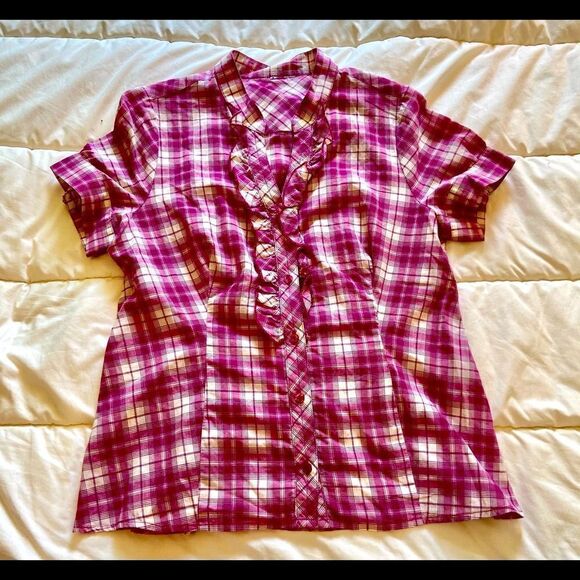 Vintage S/S B/F Plaid Blouse w Ruffle Front sz M/L - Picture 1 of 6